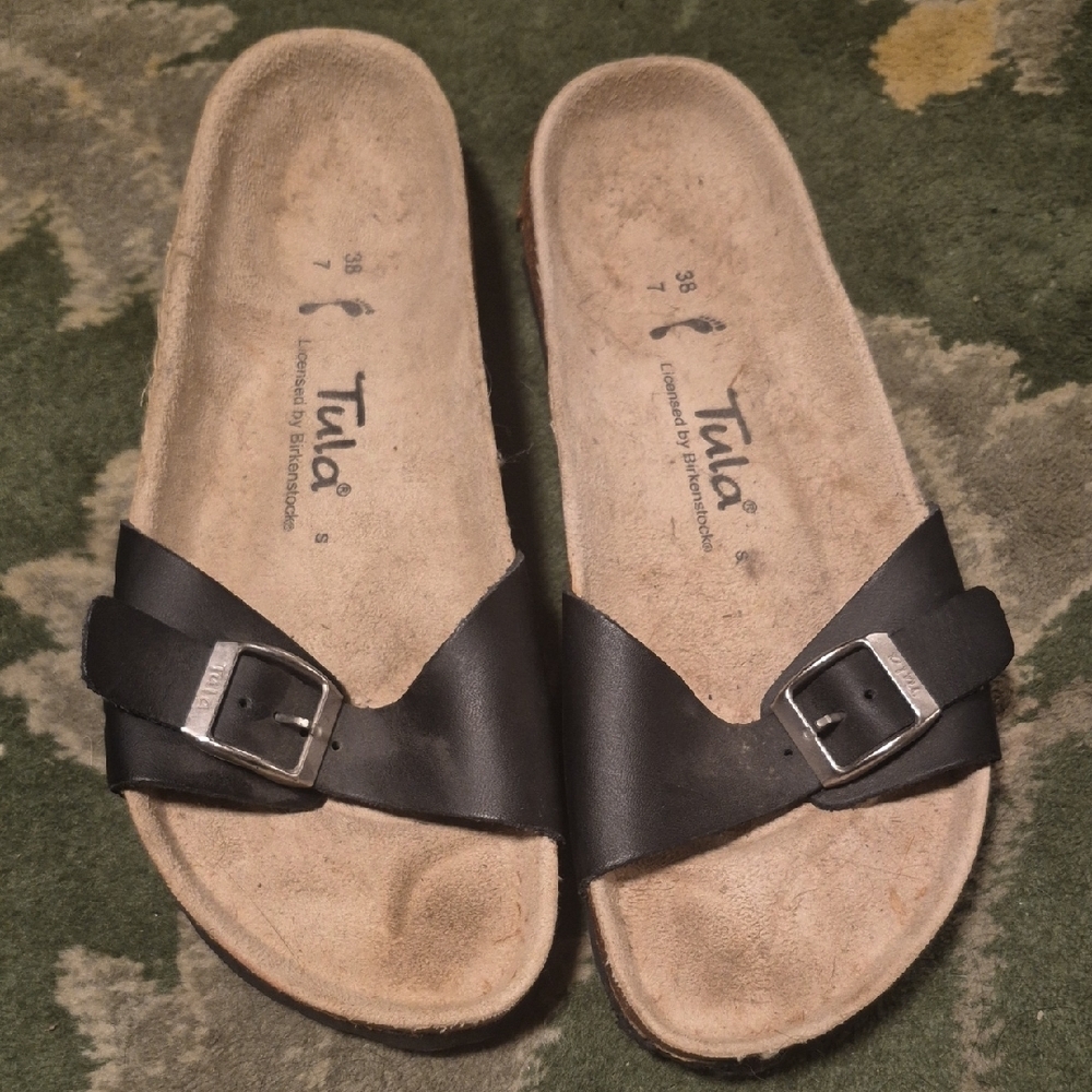 Tula Black Single-Strap Leather Slide Sandals with Silver Buckles